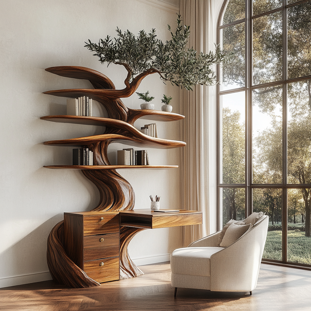 Arborell Organic Modern Tree Bookshelf with Drawers - Timberustic Tree Bookshelf