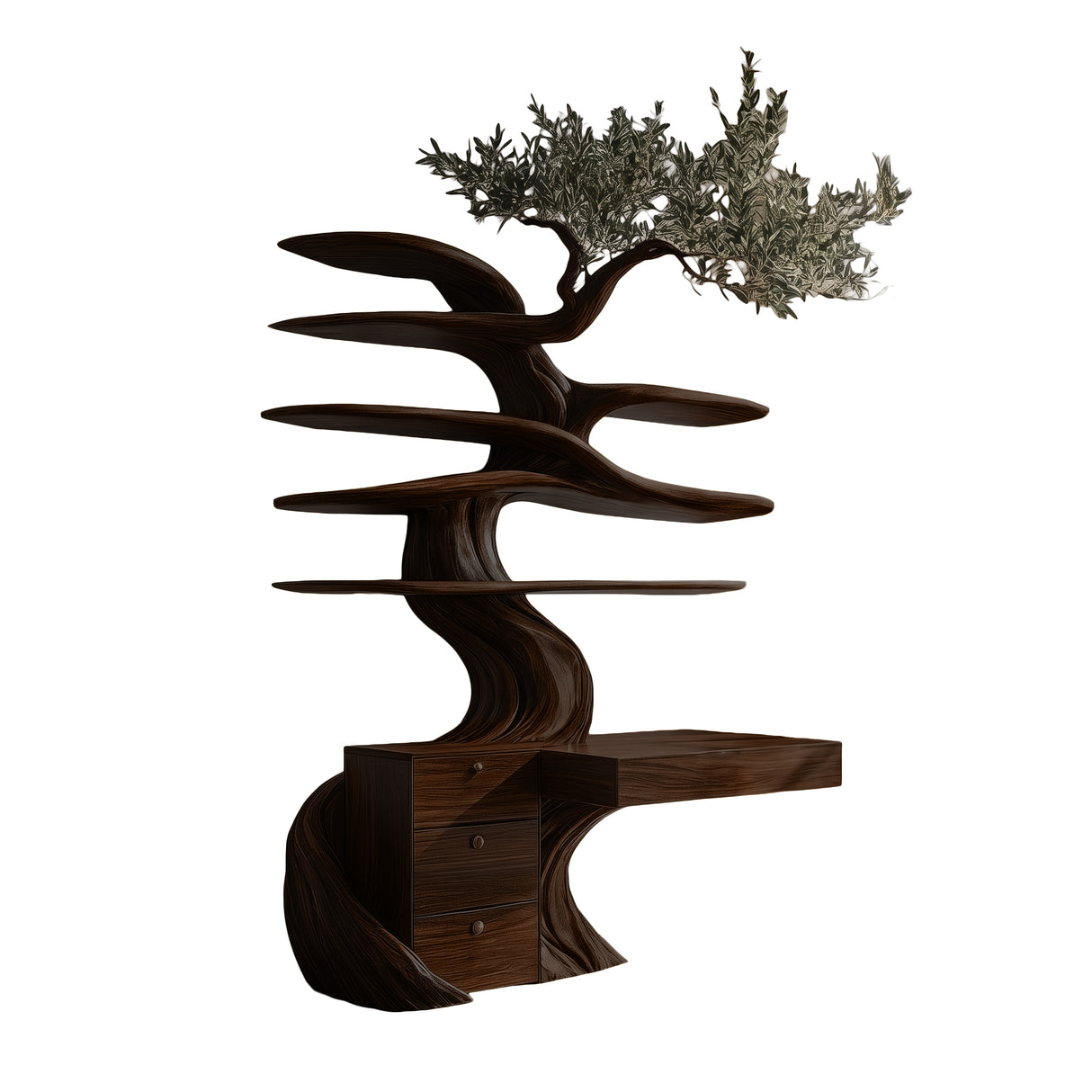 Arborell Organic Modern Tree Bookshelf with Drawers Dark Walnut - Timberustic Tree Bookshelf