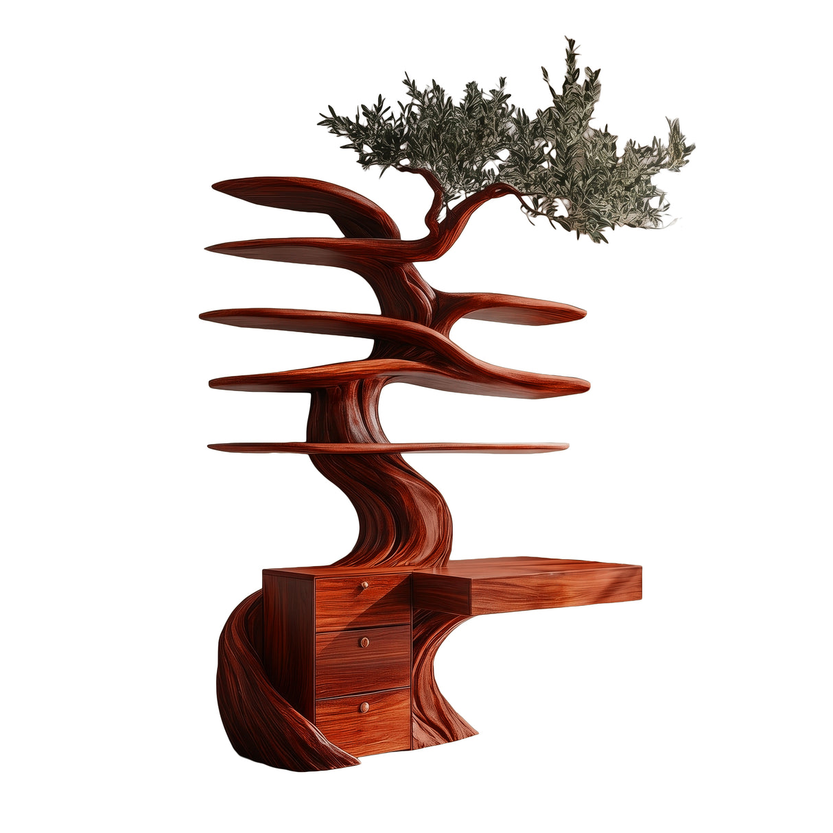 Arborell Organic Modern Tree Bookshelf with Drawers Mahogany - Timberustic Tree Bookshelf