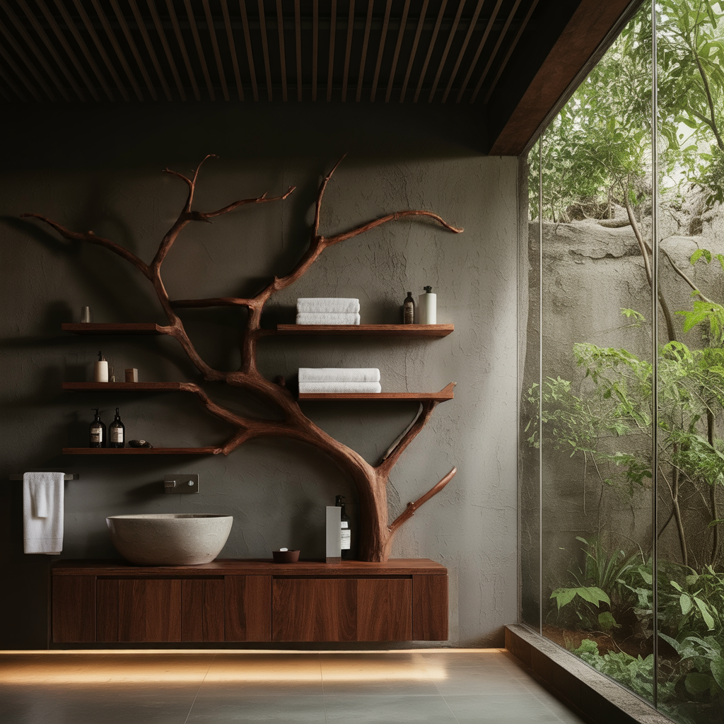 Arboris Organic Handcrafted Solid Wood Floating Bathroom Vanity with Branch Tree Shelves