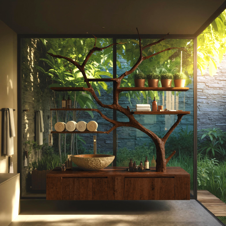 Arboris Organic Handcrafted Solid Wood Floating Bathroom Vanity with Branch Tree Shelves