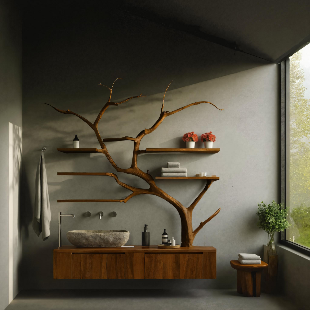 Arboris Organic Handcrafted Solid Wood Floating Bathroom Vanity with Branch Tree Shelves