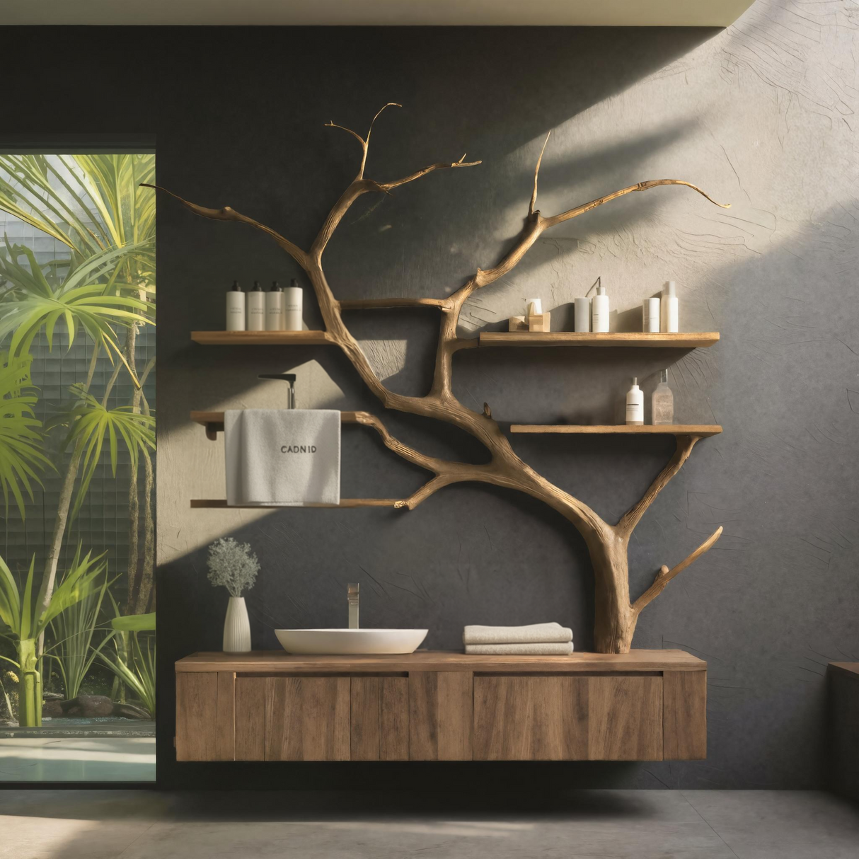 Arboris Organic Handcrafted Solid Wood Floating Bathroom Vanity with Branch Tree Shelves