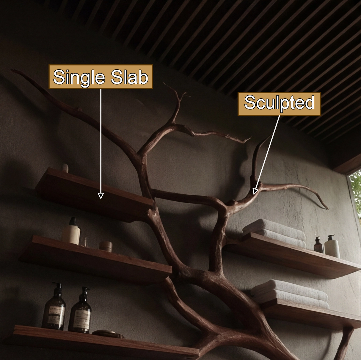 Arboris Organic Handcrafted Solid Wood Floating Bathroom Vanity with Branch Tree Shelves - Timberustic Floating Bathroom Vanity With Drawers