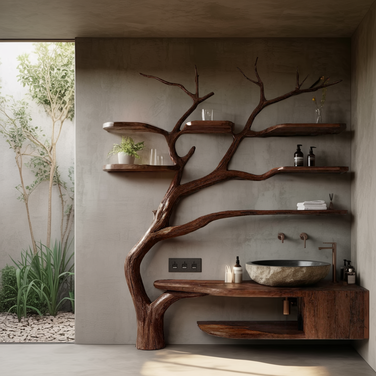 Arboris Organic Modern Solid Wood Bathroom Vanity with Tree Branch Shelfs