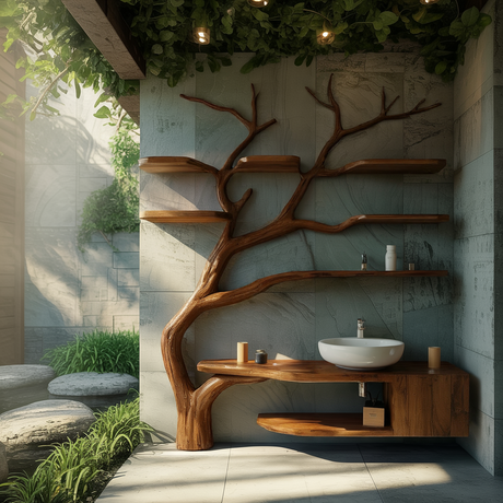 Arboris Organic Modern Solid Wood Bathroom Vanity with Tree Branch Shelfs