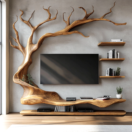 Arboris Tree Branch Live Edge Solid Wood TV Console - Timberustic TV Console with Tree Shelf