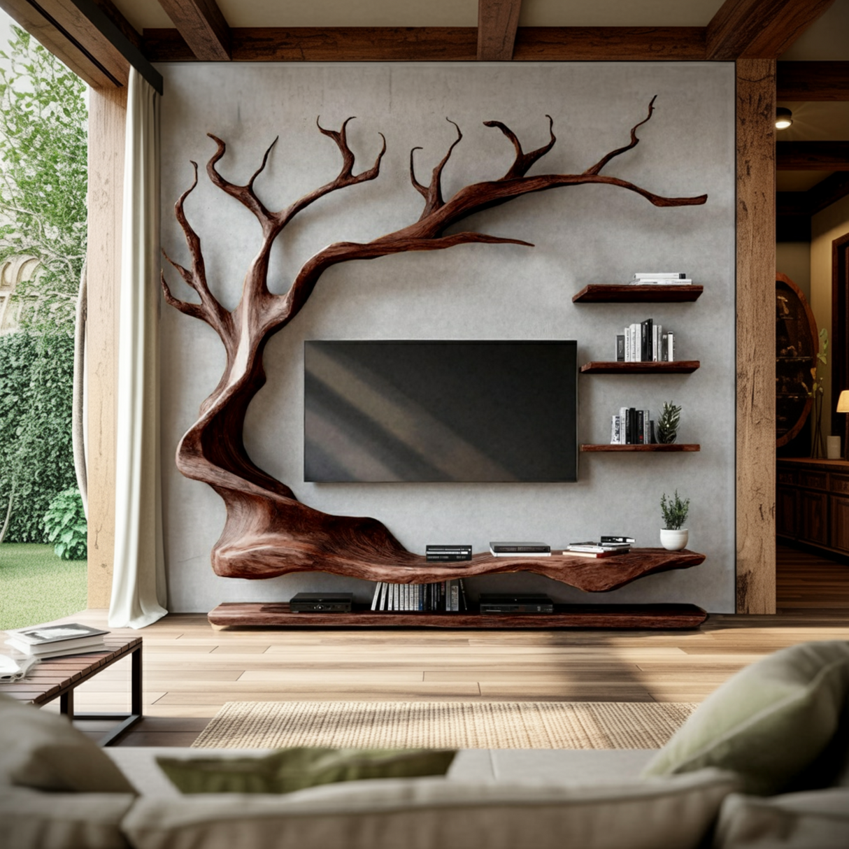 Arboris Tree Branch Live Edge Solid Wood TV Console - Timberustic TV Console with Tree Shelf