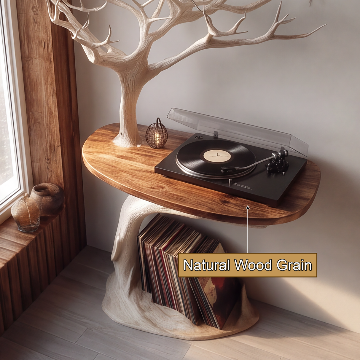 Arborveil Sculpted Solid Wood Record Player Stand - Timberustic Record Player Stand With Storage
