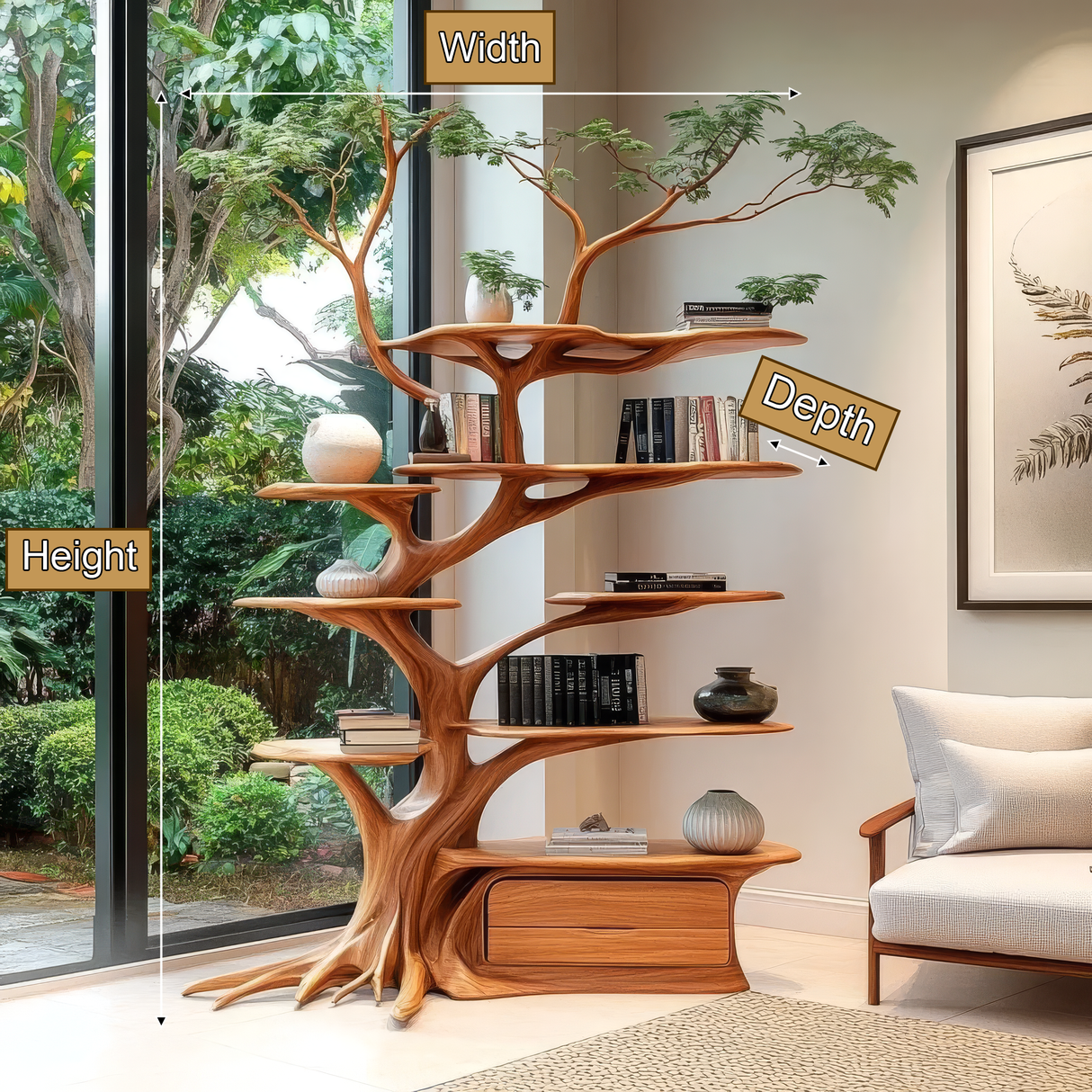 Arboryx Handcrafted Sculpted Solid Wood Tree Bookshelf with Drawers SPA263467