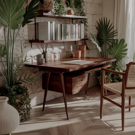 Arden Mid-Century Handcrafted Solid Wood Desk with Drawers