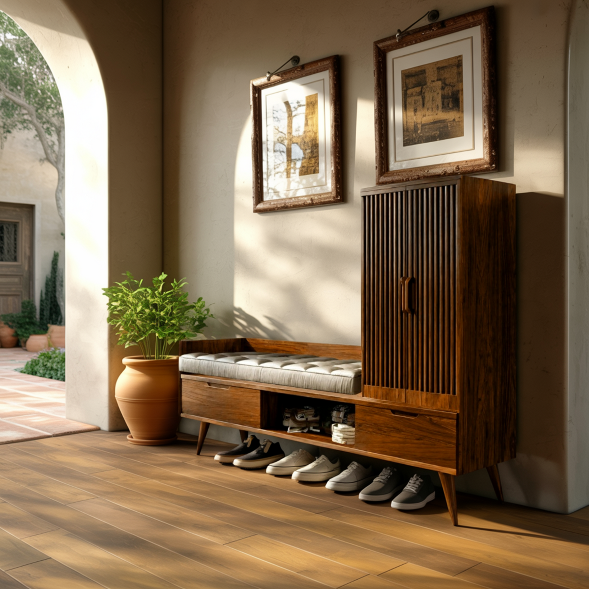 Ardena Solid Wood Entryway Bench with Storage and Tall Cabinet - Timberustic Entryway Bench with Storage
