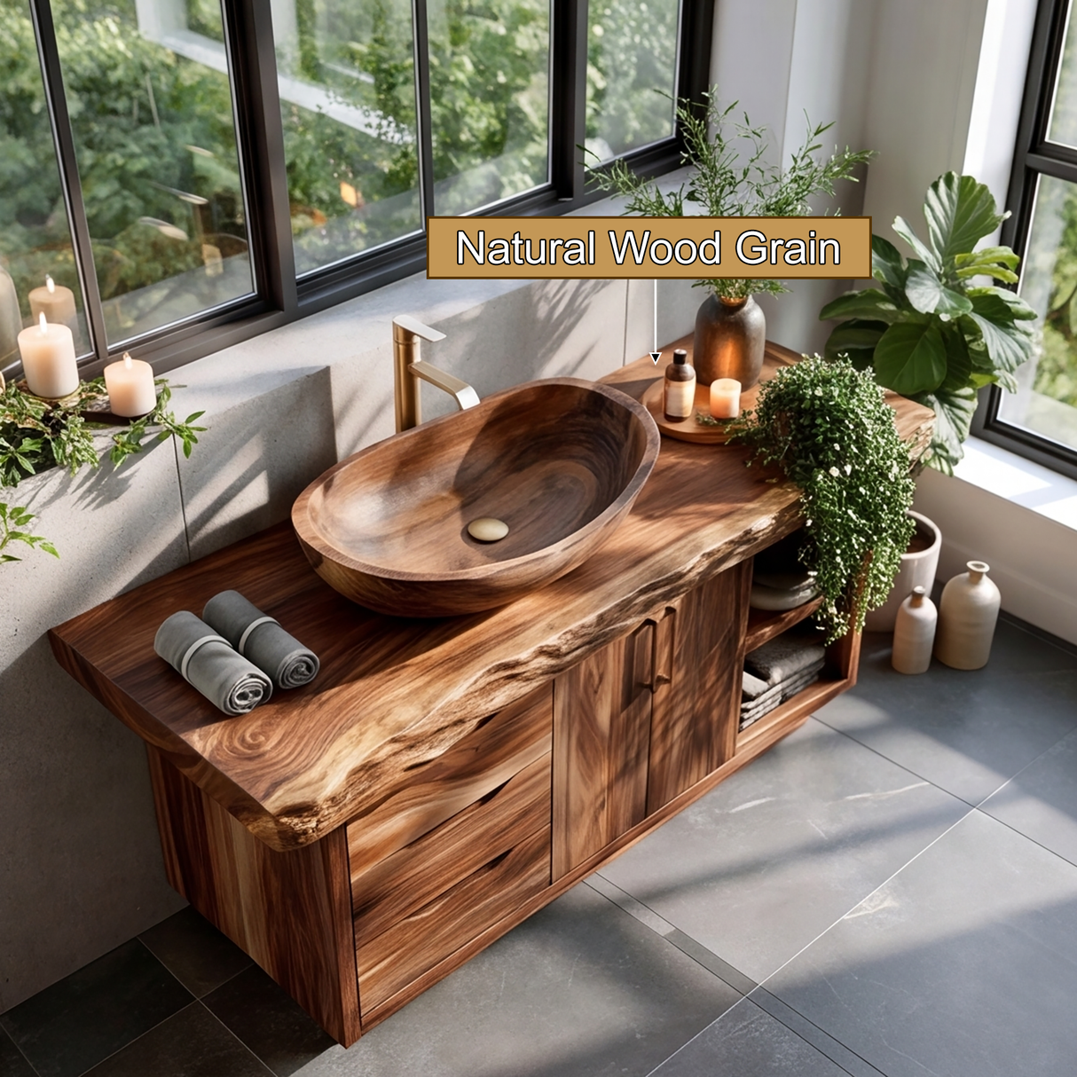 Ardenoak Live Edge Solid Wood Freestanding Bathroom Vanity with Drawers