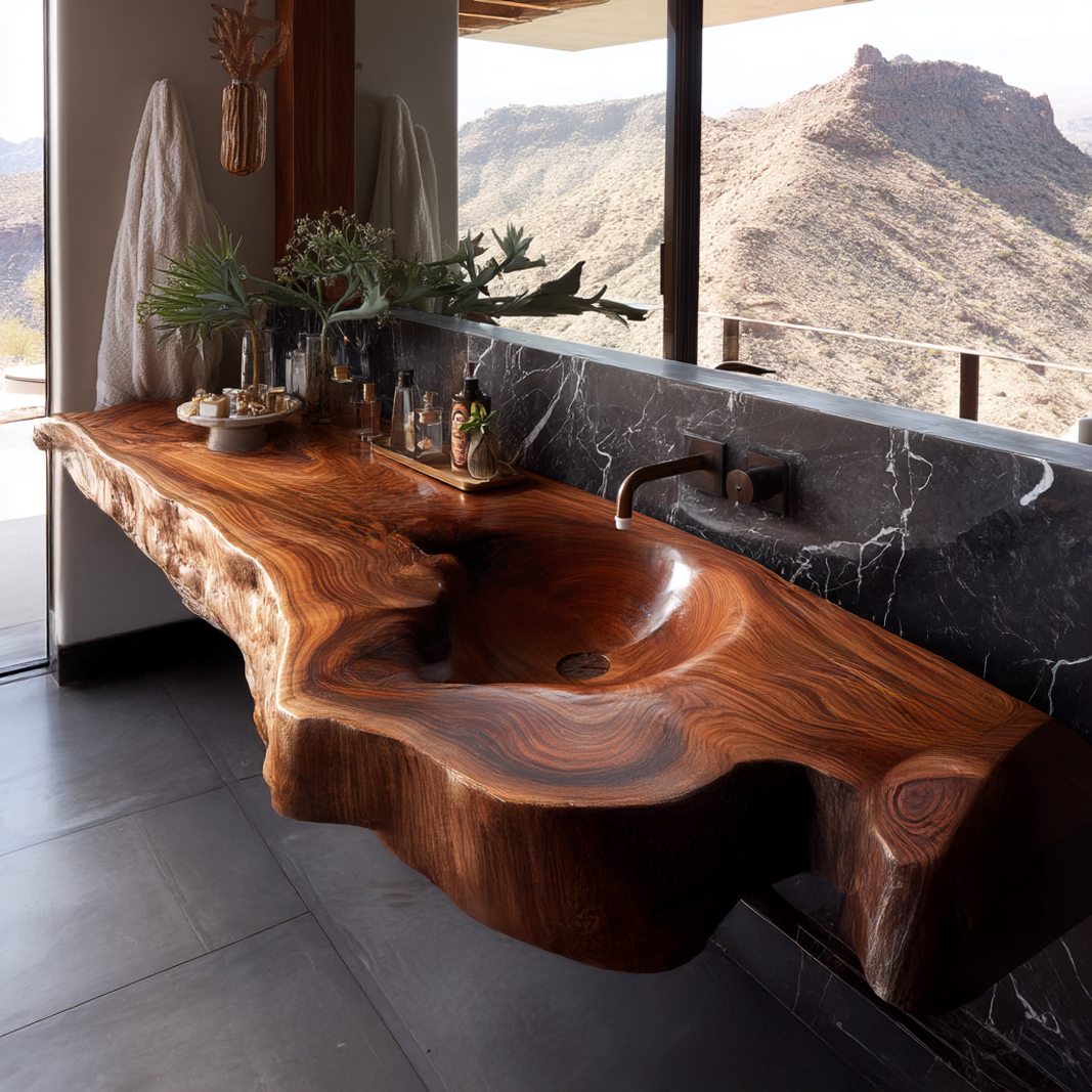 Ardento Sculpted Live Edge Solid Wood Floating Bathroom Vanity with Integrated Sink SPA353452 - Timberustic Floating Bathroom Vanity with Integrated Sink