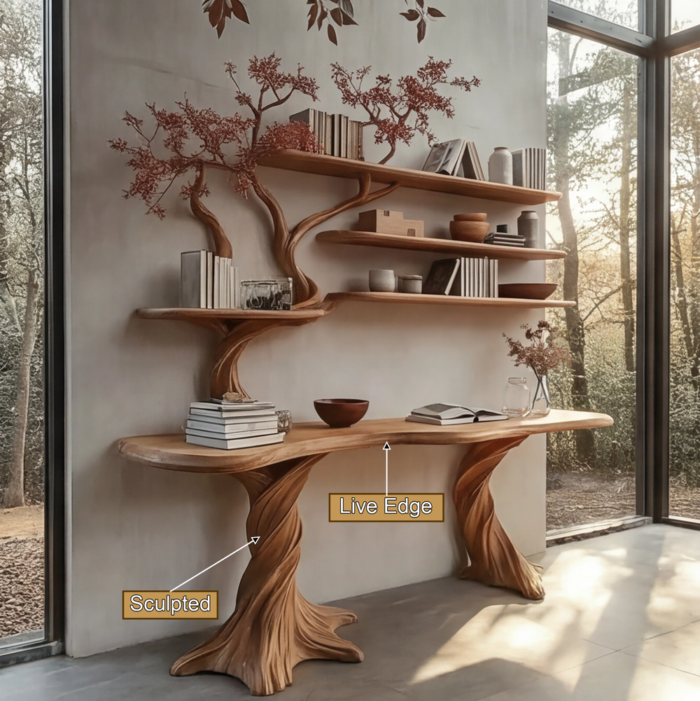 Arvion Live Edge Solid Wood Console Table with Shelves, Organic Modern ...