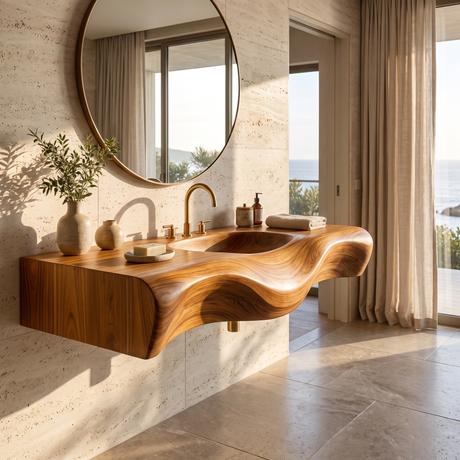 Asteron Handcrafted Solid Wood Floating Bathroom Vanity with Integrated Sink Teak - Timberustic Floating Bathroom Vanity with Integrated Sink