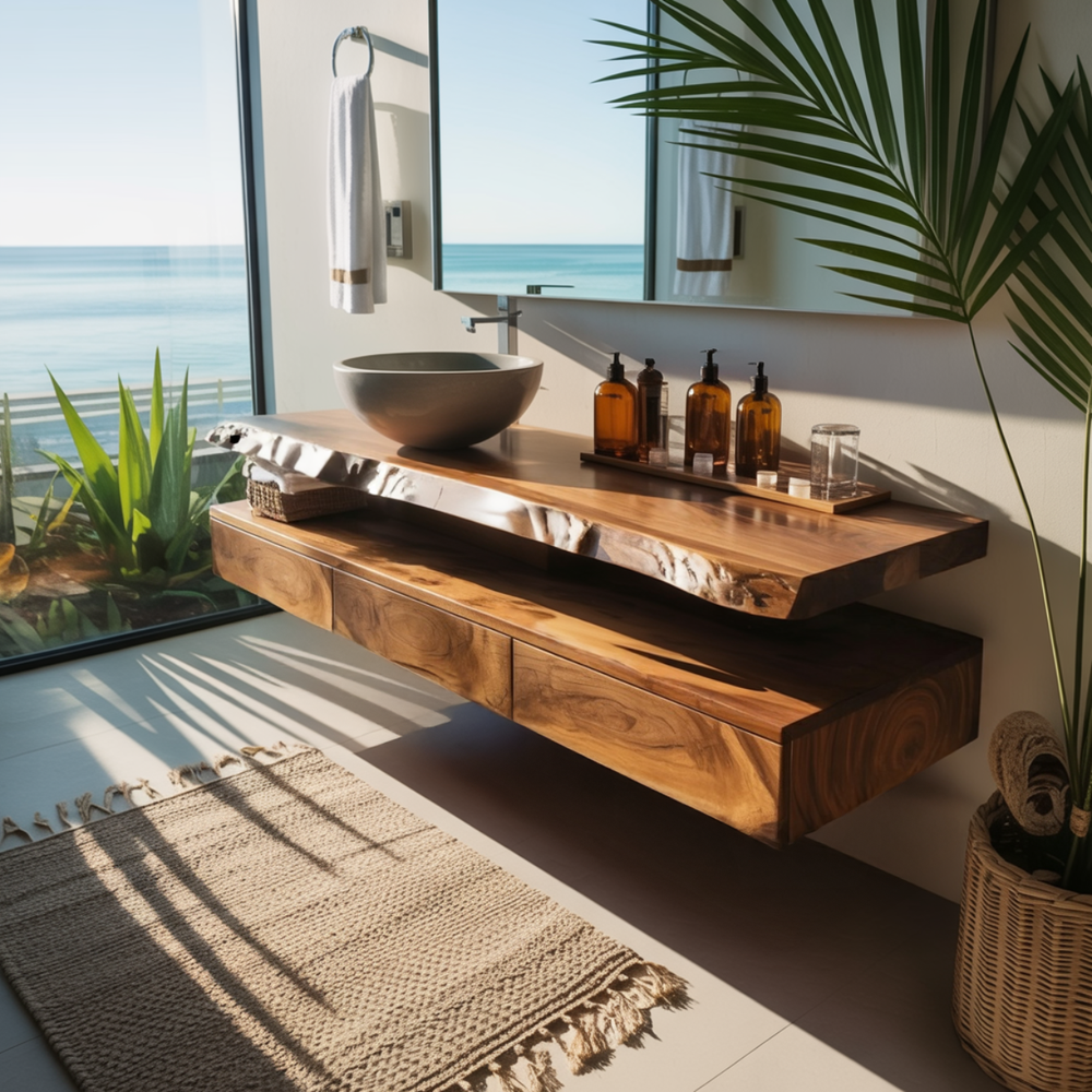 Undulating Wave Pattern Vanity Aurelia Floating Live Edge Bathroom Vanity | Modern Coastal Vanity with ...