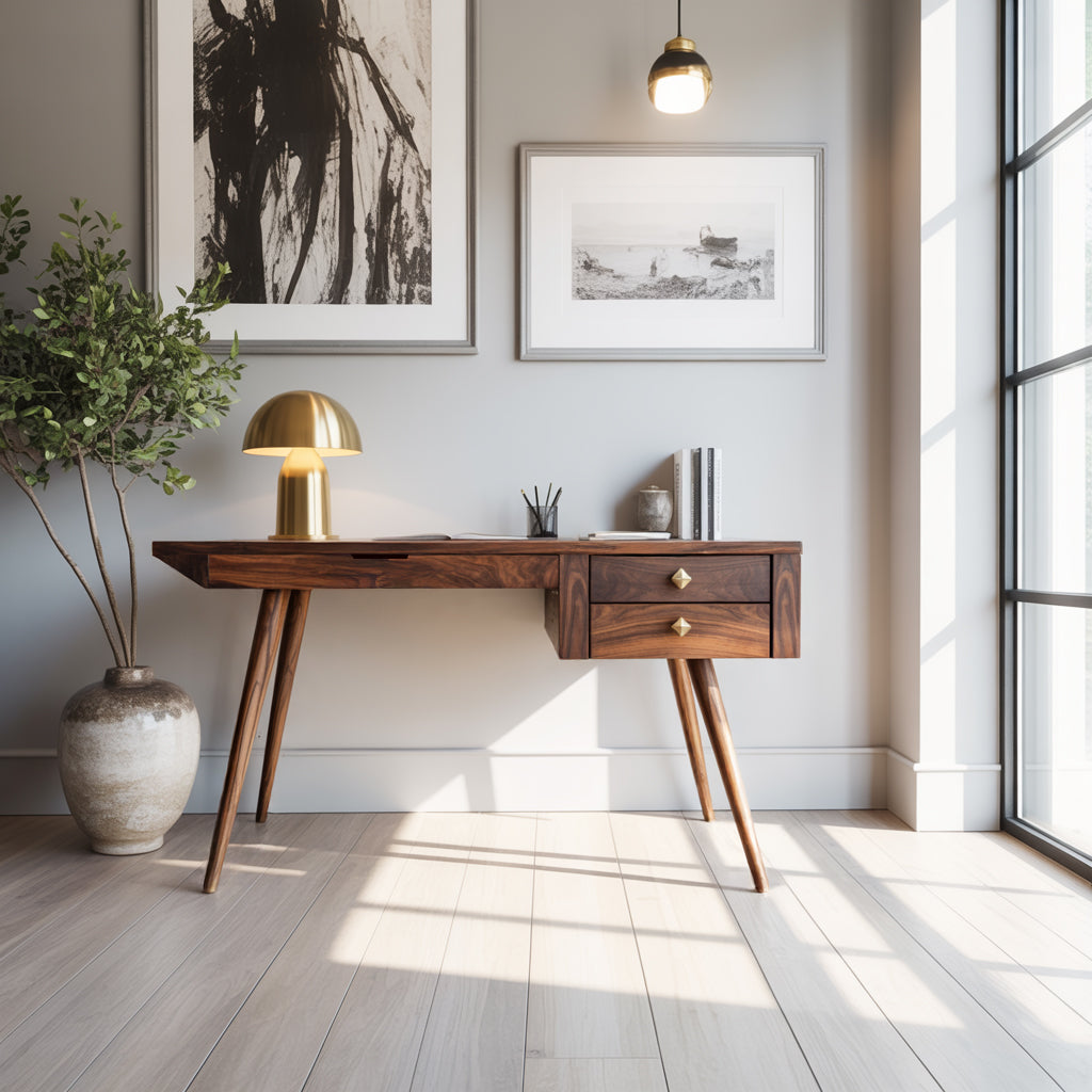 Aurelin Mid-Century Solid Wood Desk with Drawers