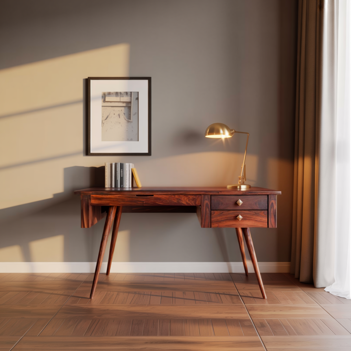 Aurelin Mid-Century Solid Wood Desk with Drawers