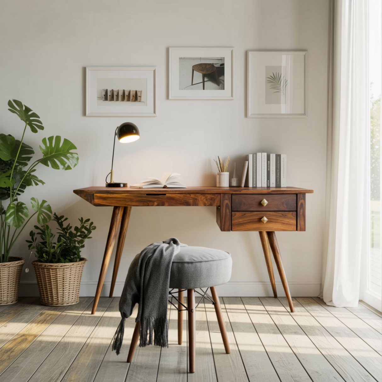 Aurelin Mid-Century Solid Wood Desk with Drawers