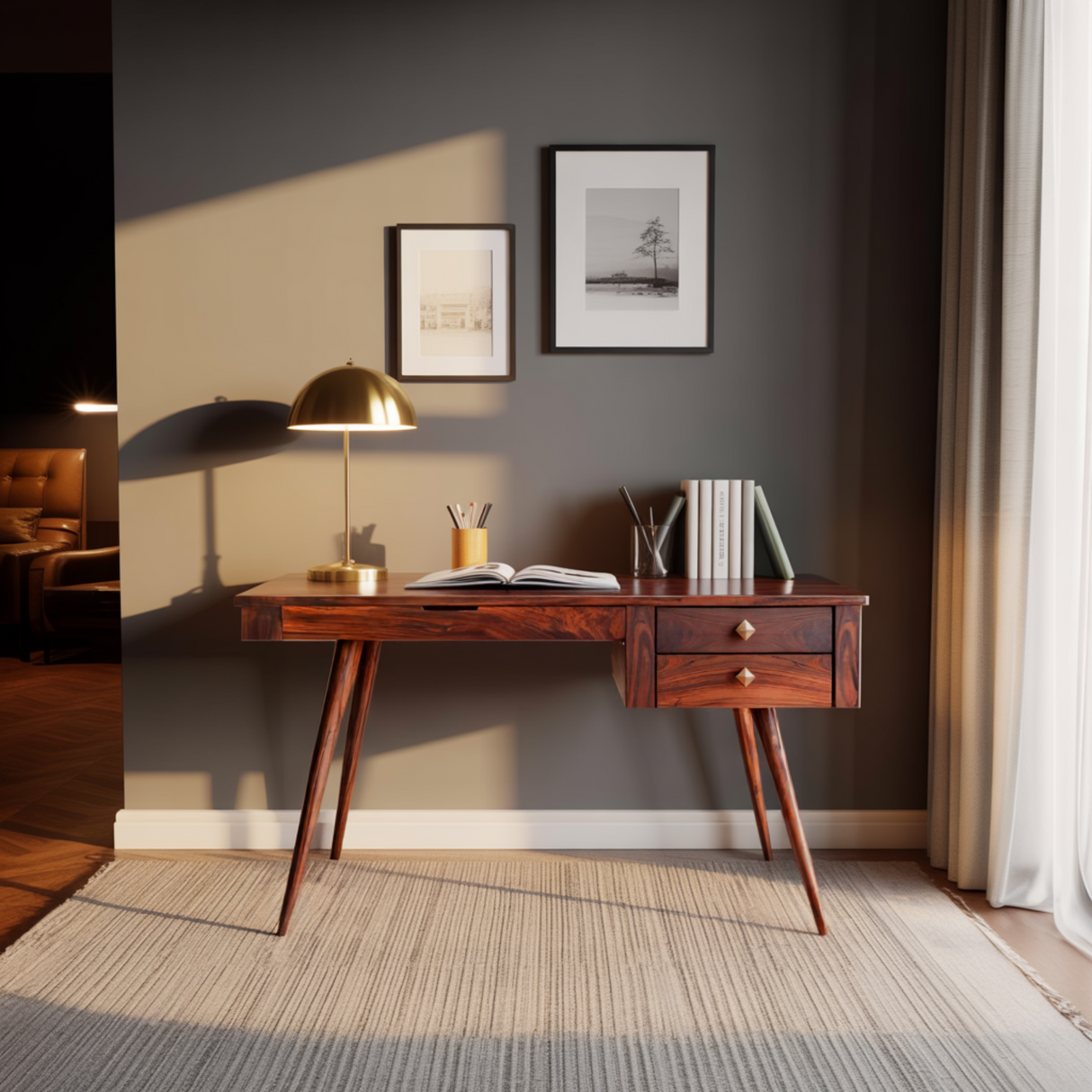 Aurelin Mid-Century Solid Wood Desk with Drawers