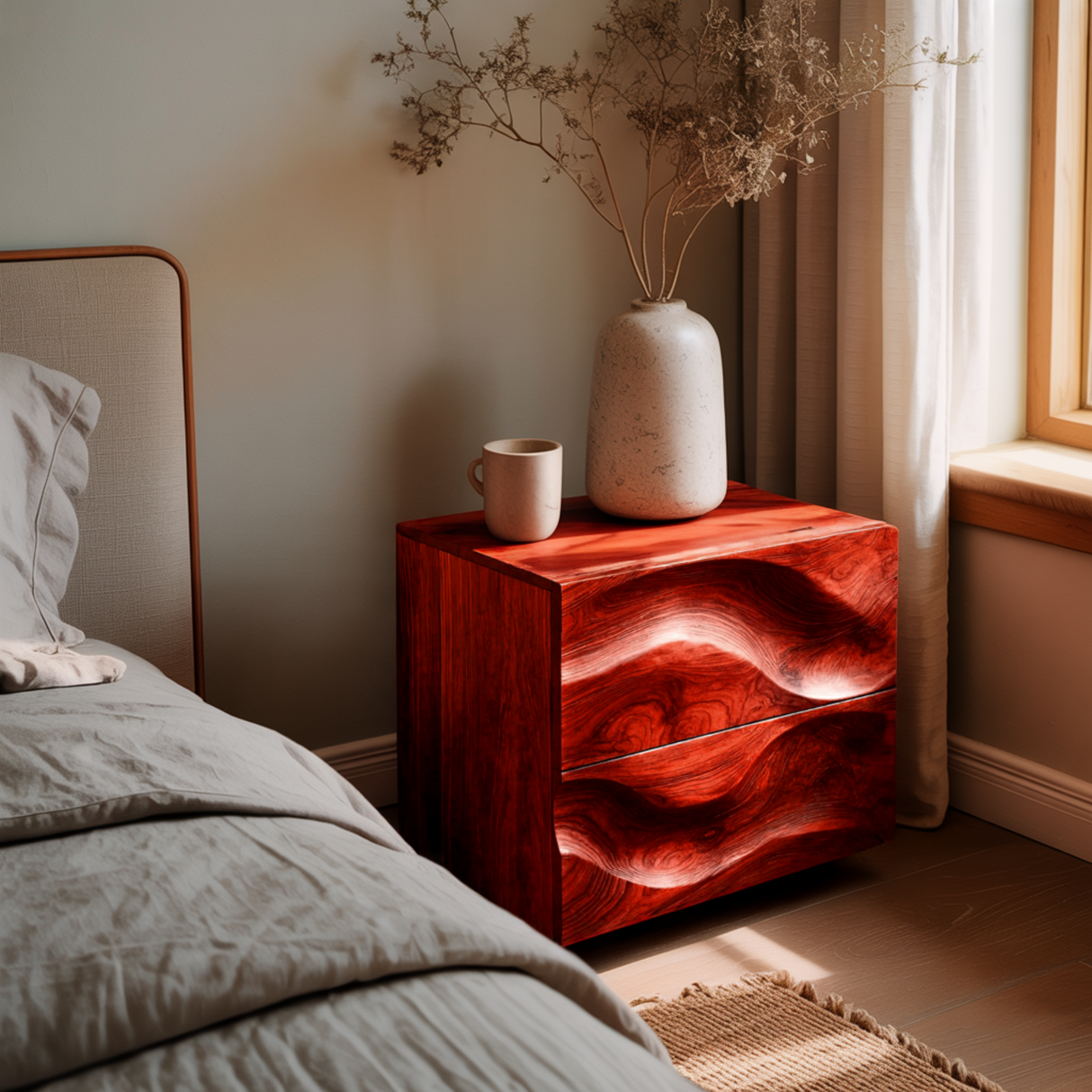 Aurelin Wave Handcrafted Wood Bedside Table
