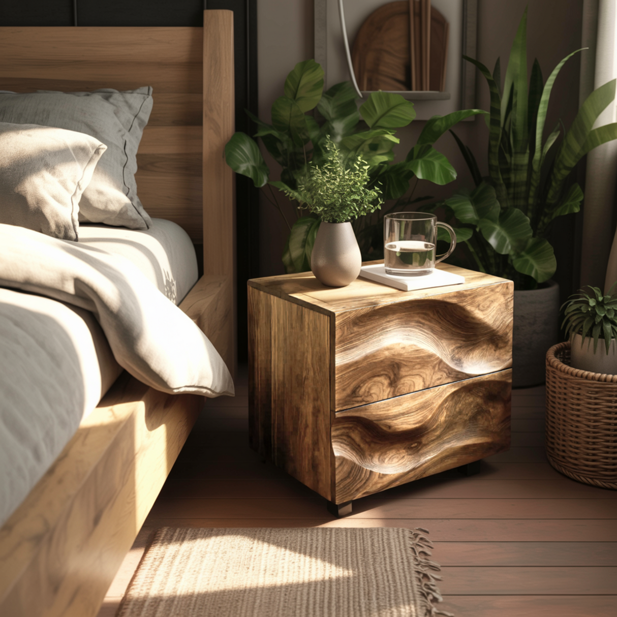 Aurelin Wave Handcrafted Wood Bedside Table