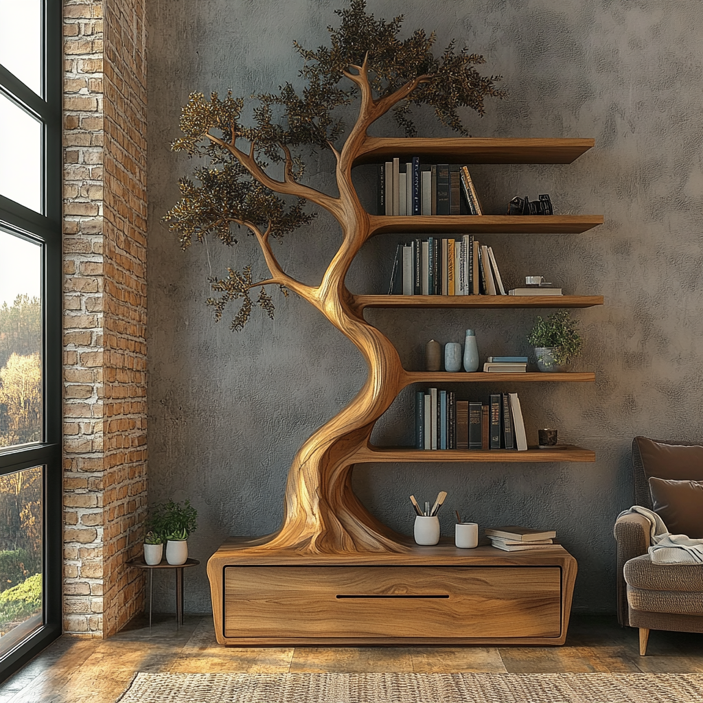 Aureliorn Sculpted Solid Wood Tree Bookshelf with Drawers - Timberustic Tree Bookshelf
