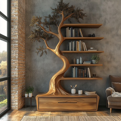 Aureliorn Sculpted Solid Wood Tree Bookshelf with Drawers - Timberustic Tree Bookshelf
