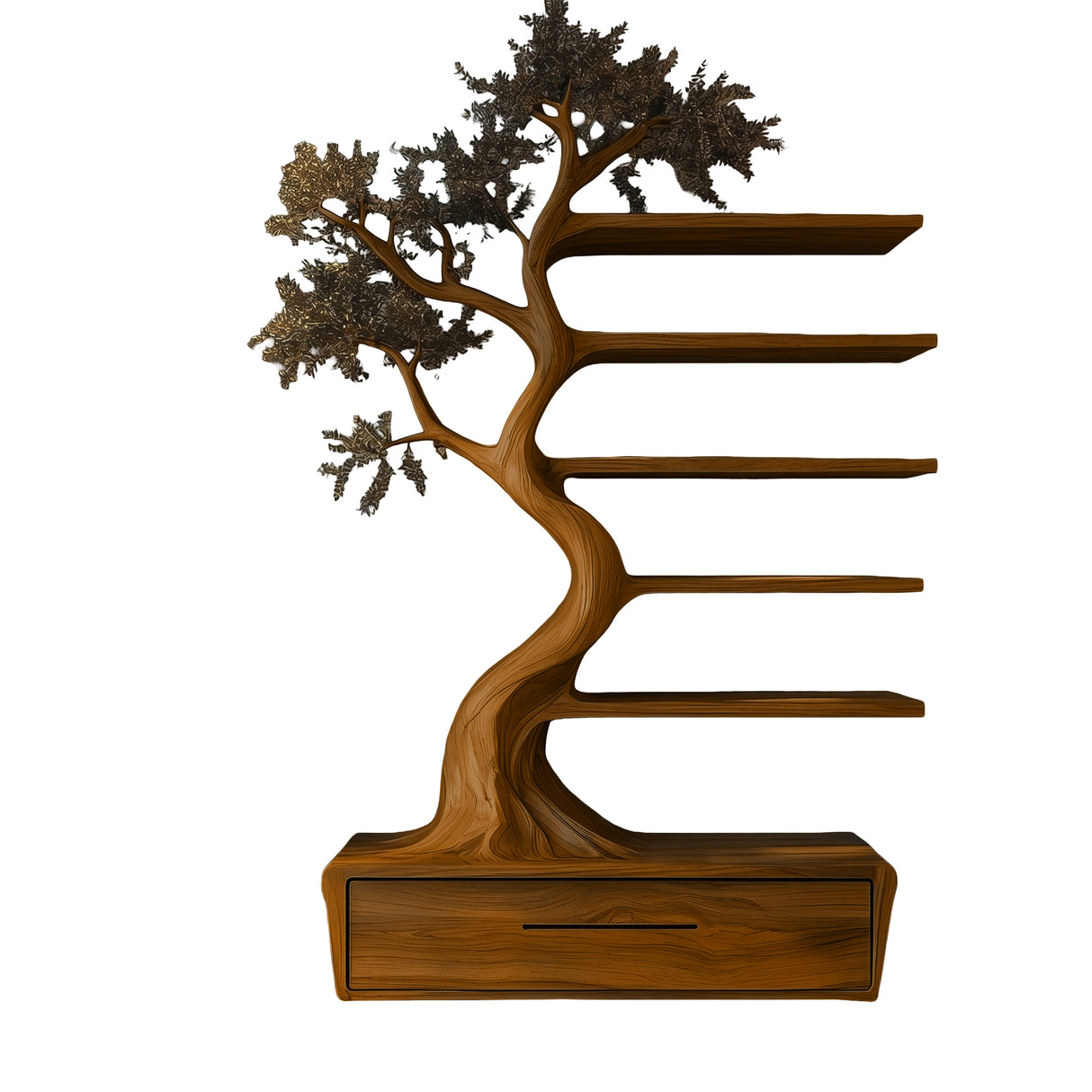 Aureliorn Sculpted Solid Wood Tree Bookshelf with Drawers Brown - Timberustic Tree Bookshelf