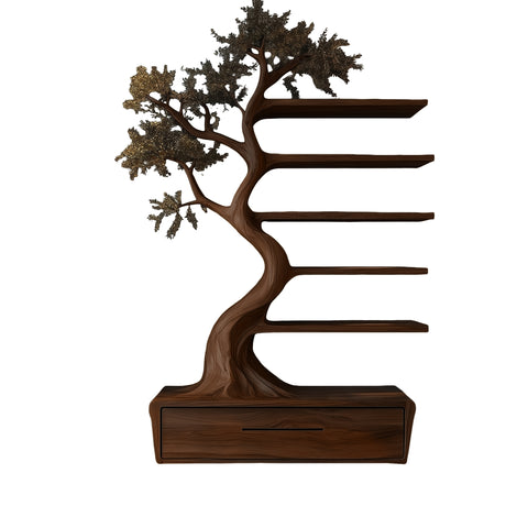 Aureliorn Sculpted Solid Wood Tree Bookshelf with Drawers Dark Walnut - Timberustic Tree Bookshelf