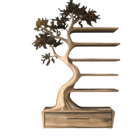 Aureliorn Sculpted Solid Wood Tree Bookshelf with Drawers Natural Oak - Timberustic Tree Bookshelf