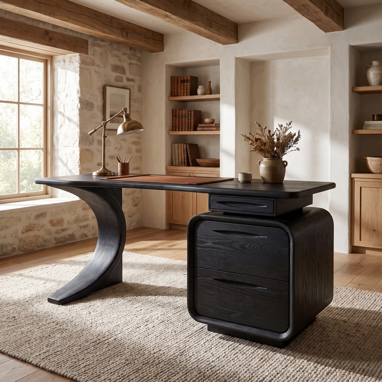 Aurelith Sculpted Solid Wood Desk with Drawers Black - Timberustic Desk With Drawers