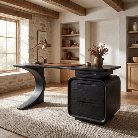 Aurelith Sculpted Solid Wood Desk with Drawers Black - Timberustic Desk With Drawers