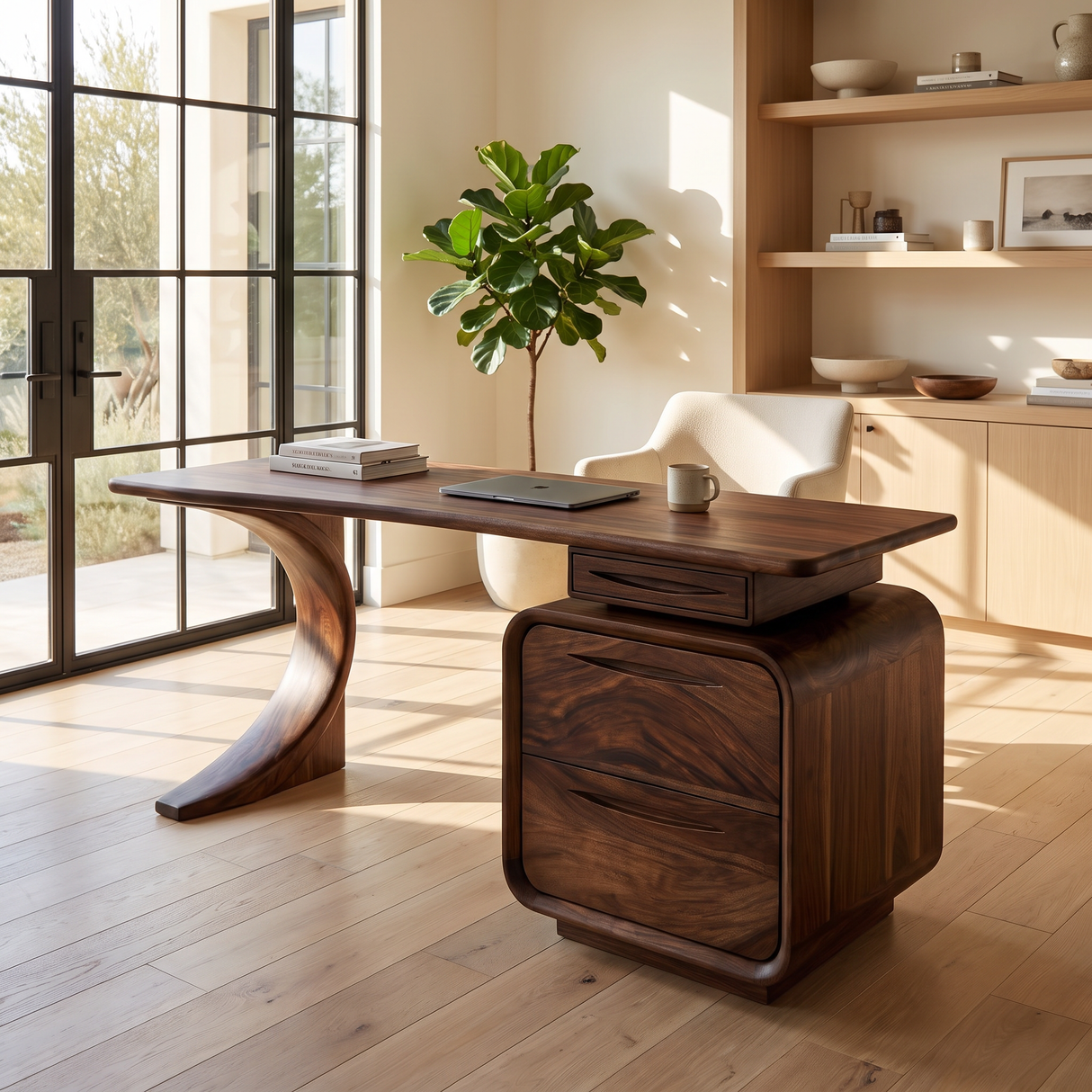 Aurelith Sculpted Solid Wood Desk with Drawers Dark Walnut - Timberustic Desk With Drawers