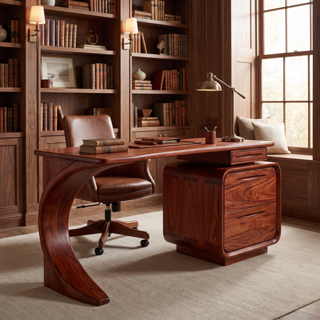 Aurelith Sculpted Solid Wood Desk with Drawers Mahogany - Timberustic Desk With Drawers