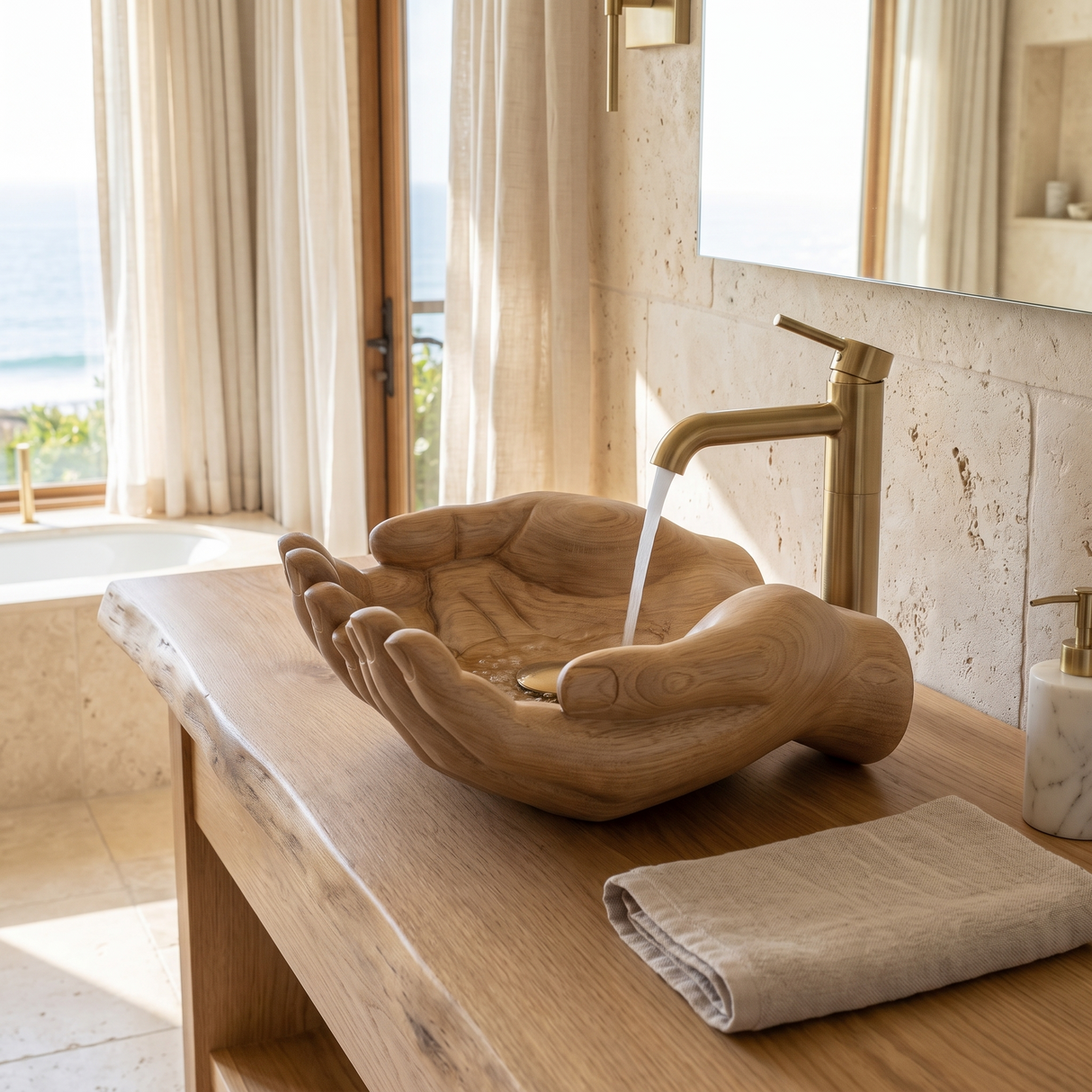 Auren Handcrafted Solid Wood Hands-Shaped Vessel Sink