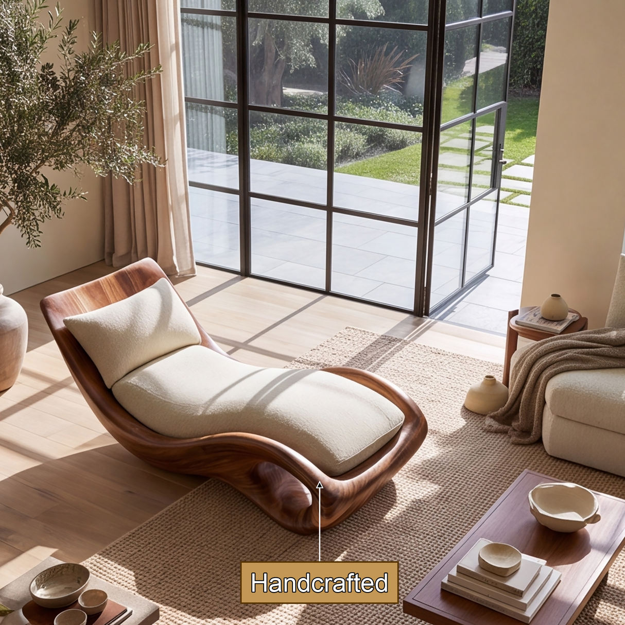 Aurevon Handcrafted Sculpted Solid Wood Chaise Lounge