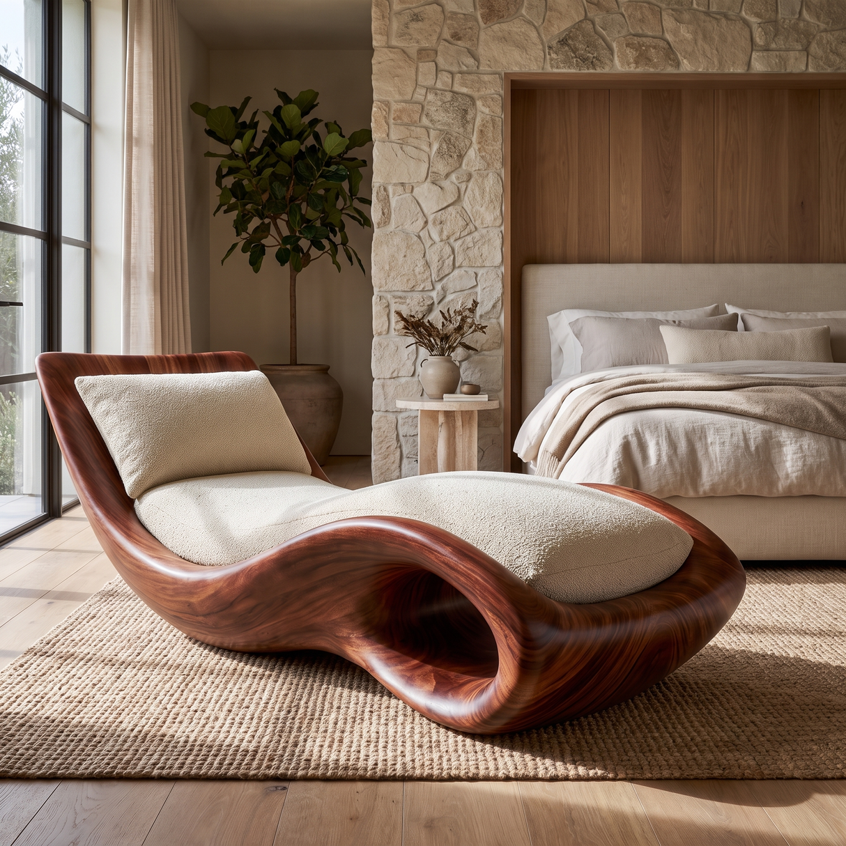 Aurevon Handcrafted Sculpted Solid Wood Chaise Lounge