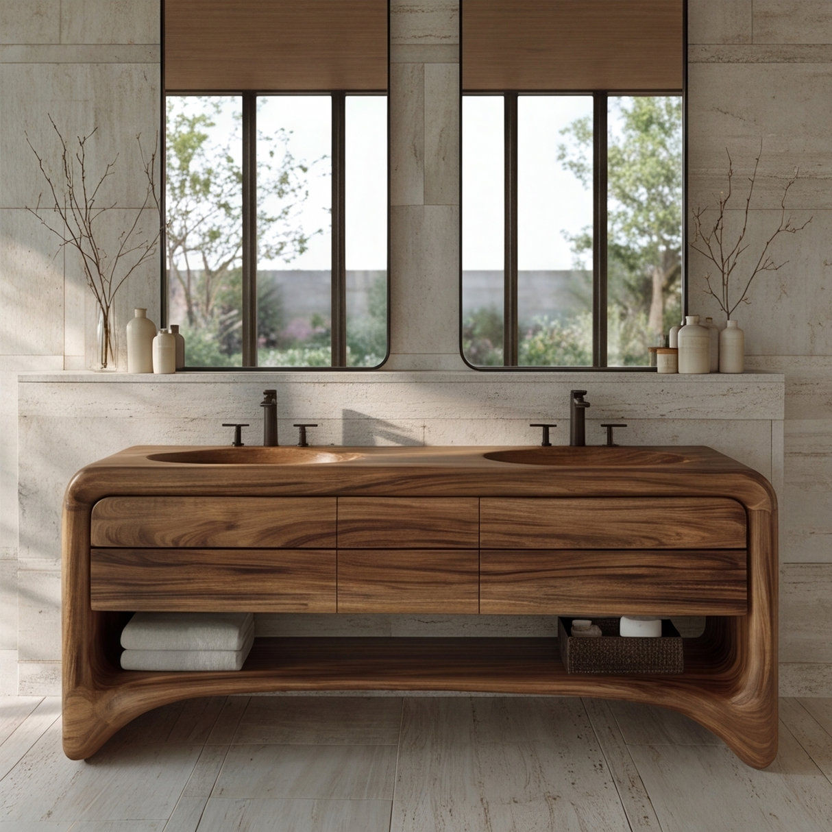 Aurevon Handcrafted Solid Wood Freestanding Bathroom Vanity with Integrated Sinks and Drawers