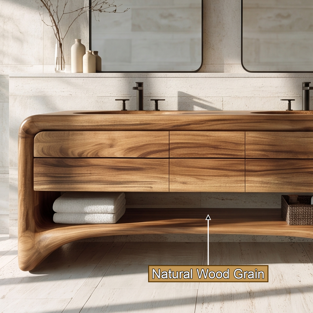 Aurevon Handcrafted Solid Wood Freestanding Bathroom Vanity with Integrated Sinks and Drawers