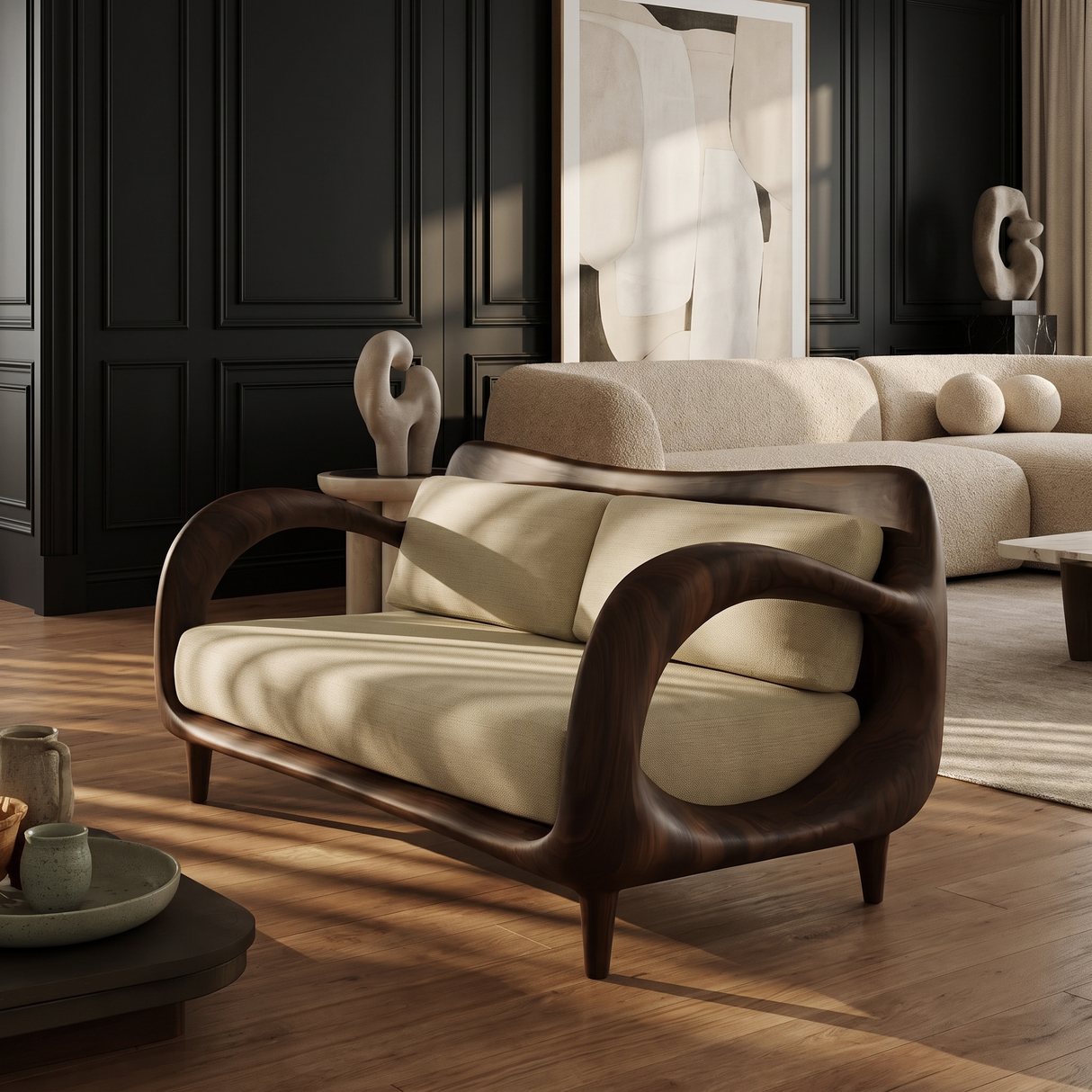 Aurevon Sculpted Solid Wood Sofa Dark Walnut - Timberustic Sofa
