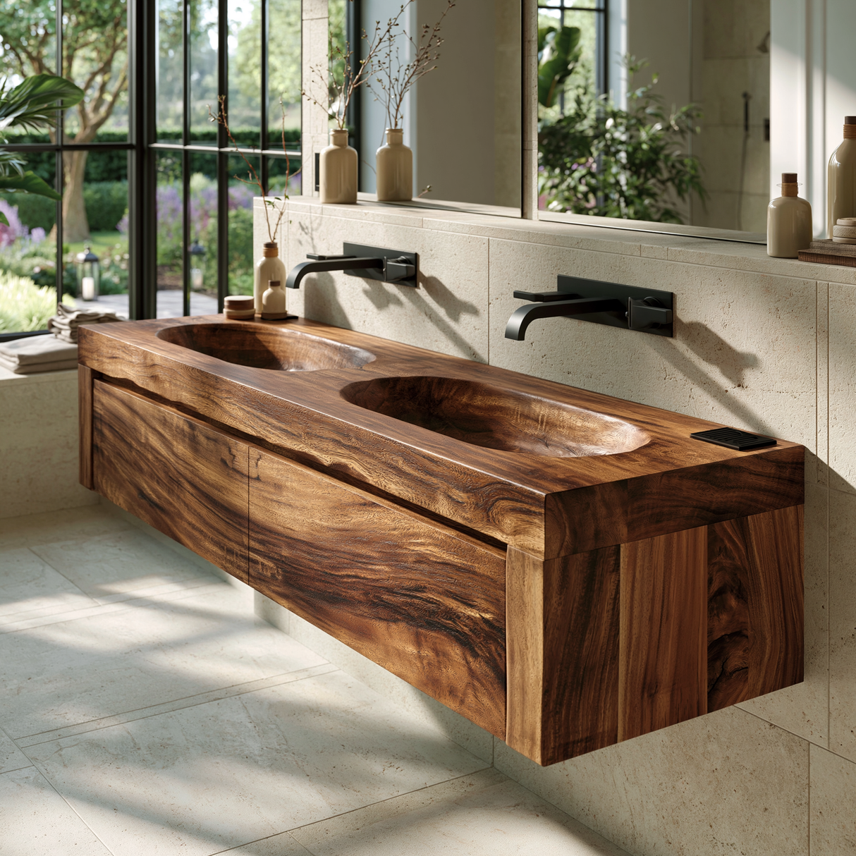 Aurevyn Handcrafted Solid Wood Floating Bathroom Vanity with Integrated Sinks and Drawers