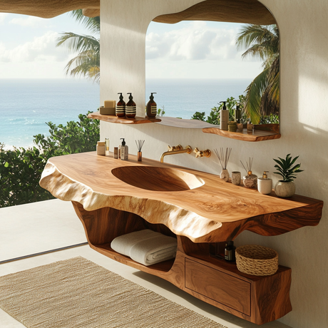 Avenra Live Edge Solid Wood Floating Bathroom Vanity with Integrated Sink and Open Storage - Timberustic Floating Bathroom Vanity with Integrated Sink and Open Storage