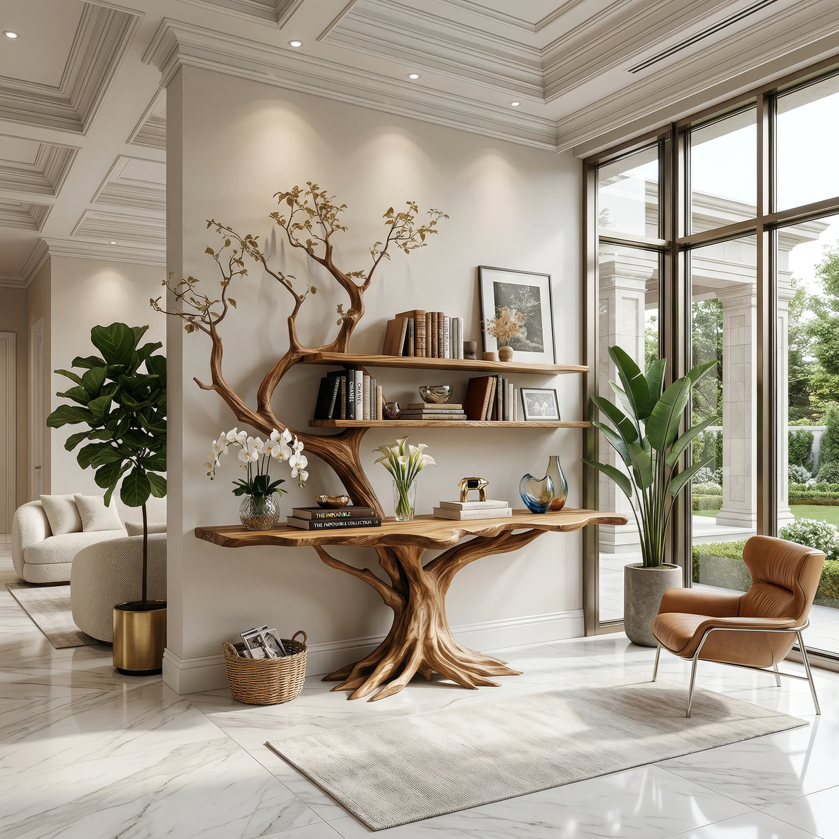 Averion Sculpted Solid Wood Console Table with Shelves - Timberustic Console Table with Shelves