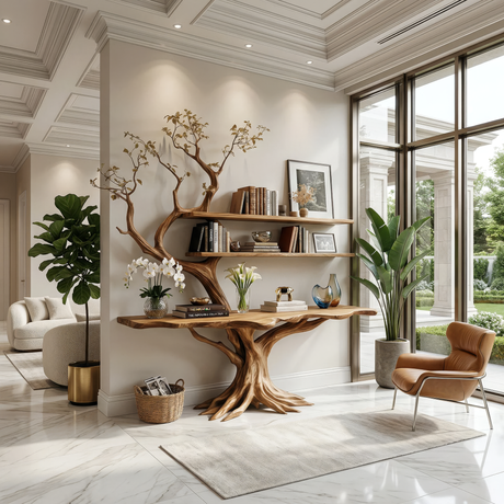 Averion Sculpted Solid Wood Console Table with Shelves - Timberustic Console Table with Shelves