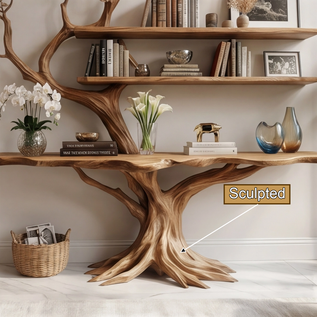 Averion Sculpted Solid Wood Console Table with Shelves - Timberustic Console Table with Shelves