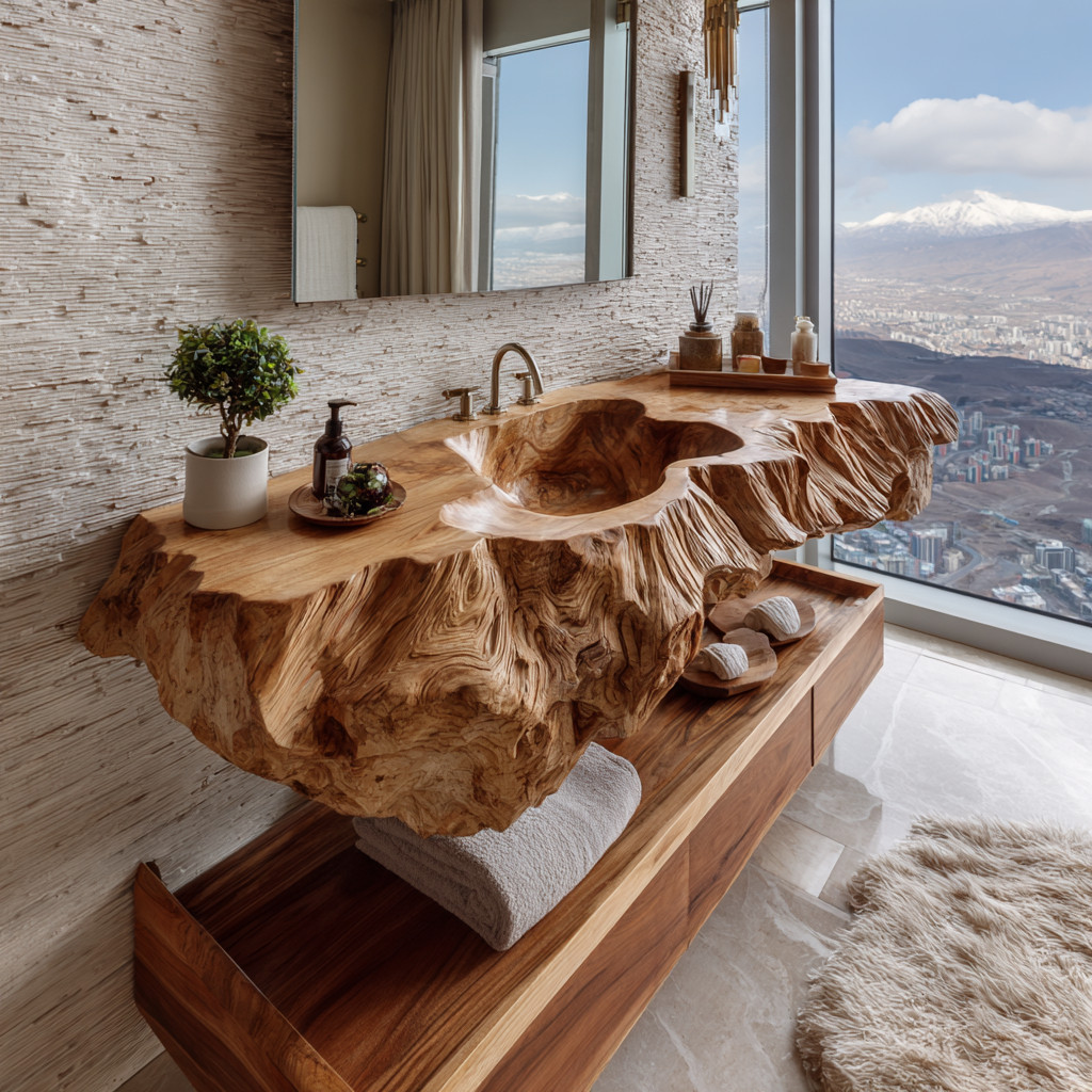 Averon Organic Carved Solid Wood Floating Bathroom Vanity with Integrated Sink - Timberustic Floating Bathroom Vanity with Integrated Sink