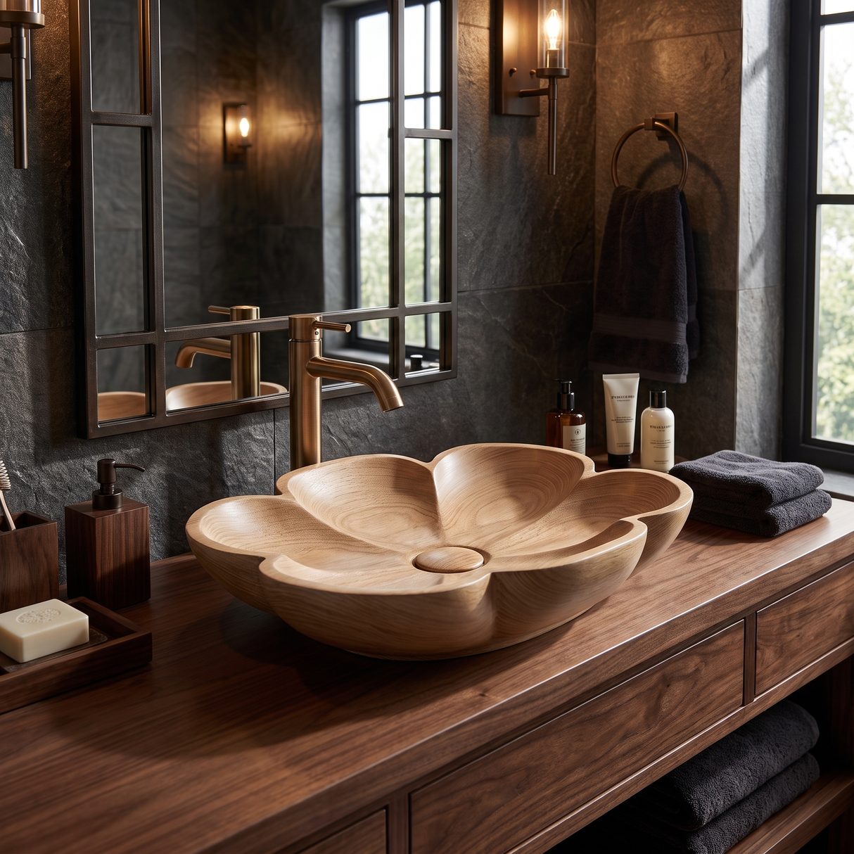 Blossora Handcrafted Solid Wood Flower Vessel Sink
