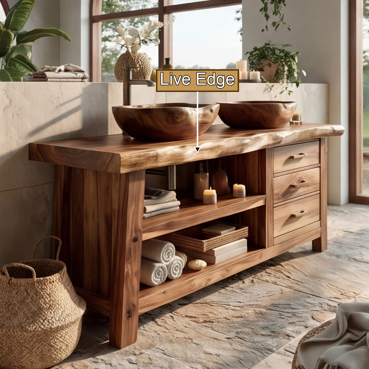 Brindlewood Live Edge Solid Wood Freestanding Bathroom Vanity With Drawers